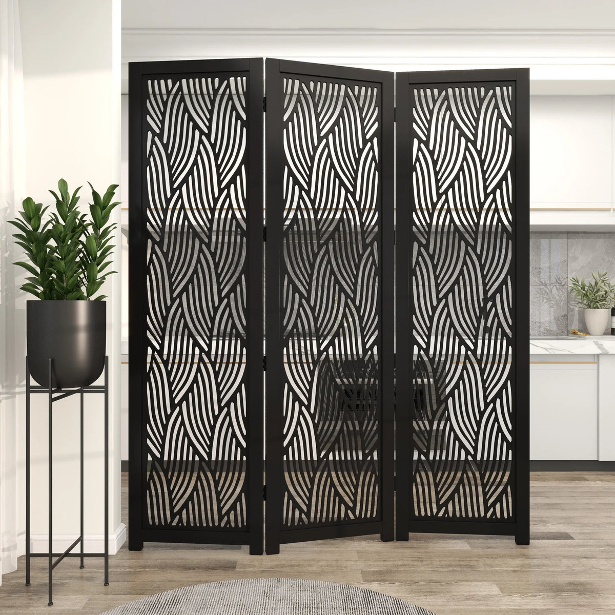 Decmode 60" x 72" Black Mango Wood Abstract Wavy Cutout 3 Panel Room Divider Screen, 1 - Piece