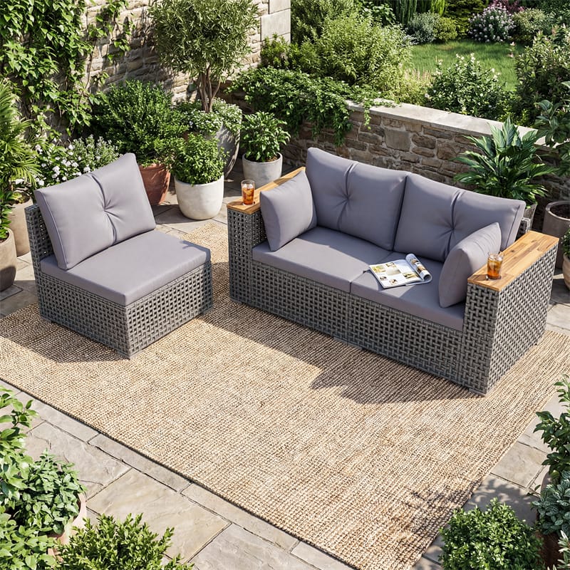 86.5" 3-Seat Patio Wicker Sofa, 3PCS Modular PE Rattan Sectional Furniture Set with Cup Holders & Wood Armrests, Outdoor Couch for Garden Yard