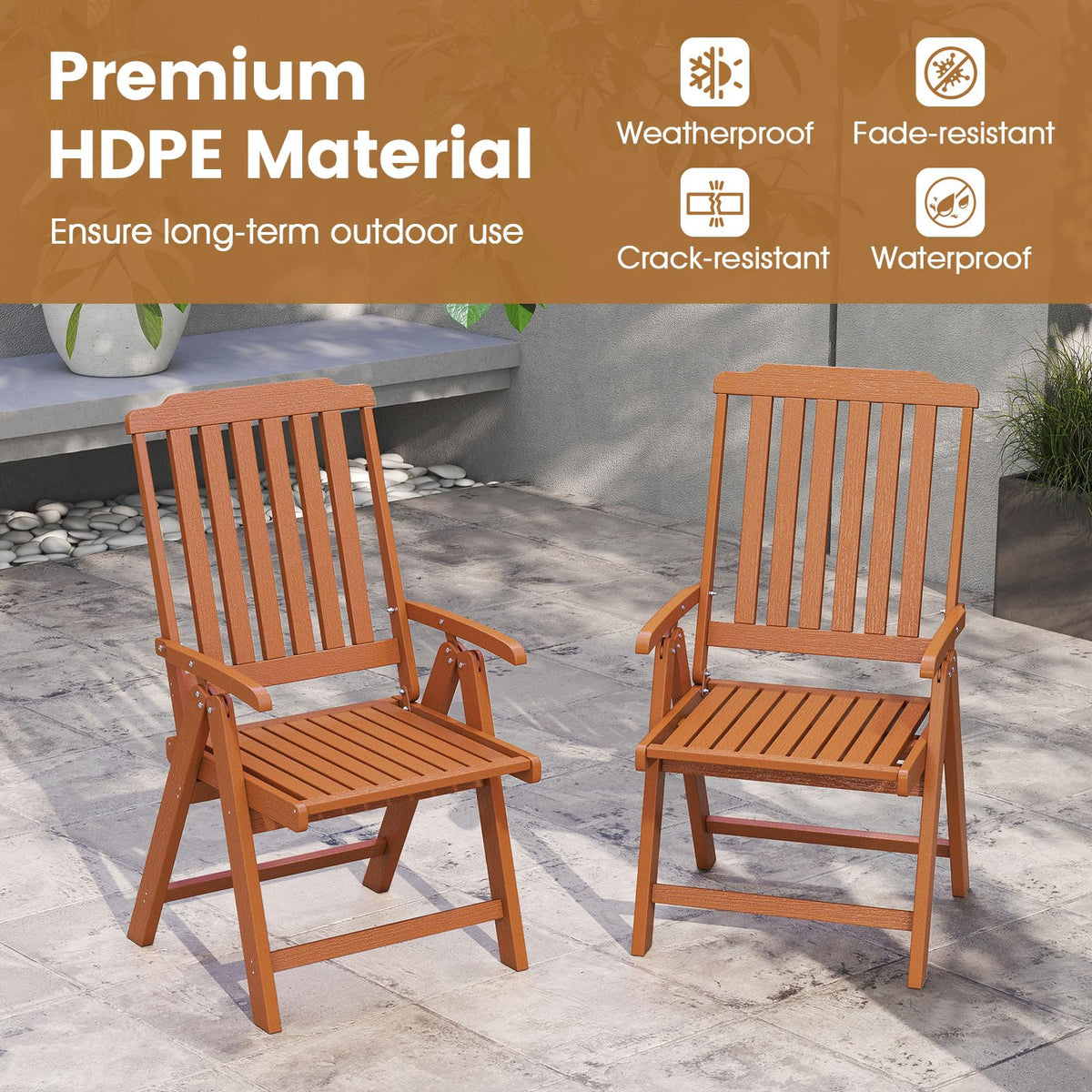 Tangkula Foldable Patio Chair All-Weather HDPE Outdoor Dining Chair with Armrest