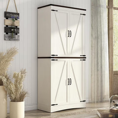 71" Tall Farmhouse Kitchen Pantry Cabinet, 5 Layers Storage Cabinet with Adjustable Shelves, Farmhouse Pantry Cabinet with 4 Barn Doors