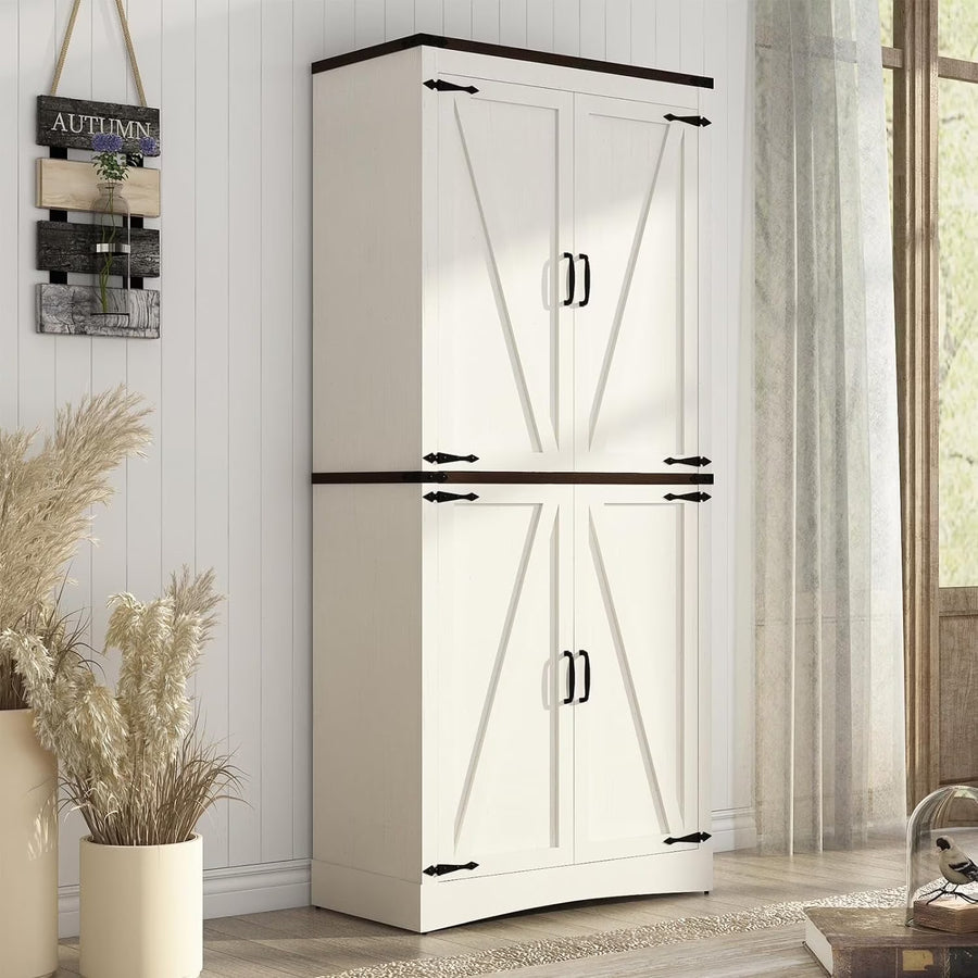 71" Tall Farmhouse Kitchen Pantry Cabinet, 5 Layers Storage Cabinet with Adjustable Shelves, Farmhouse Pantry Cabinet with 4 Barn Doors