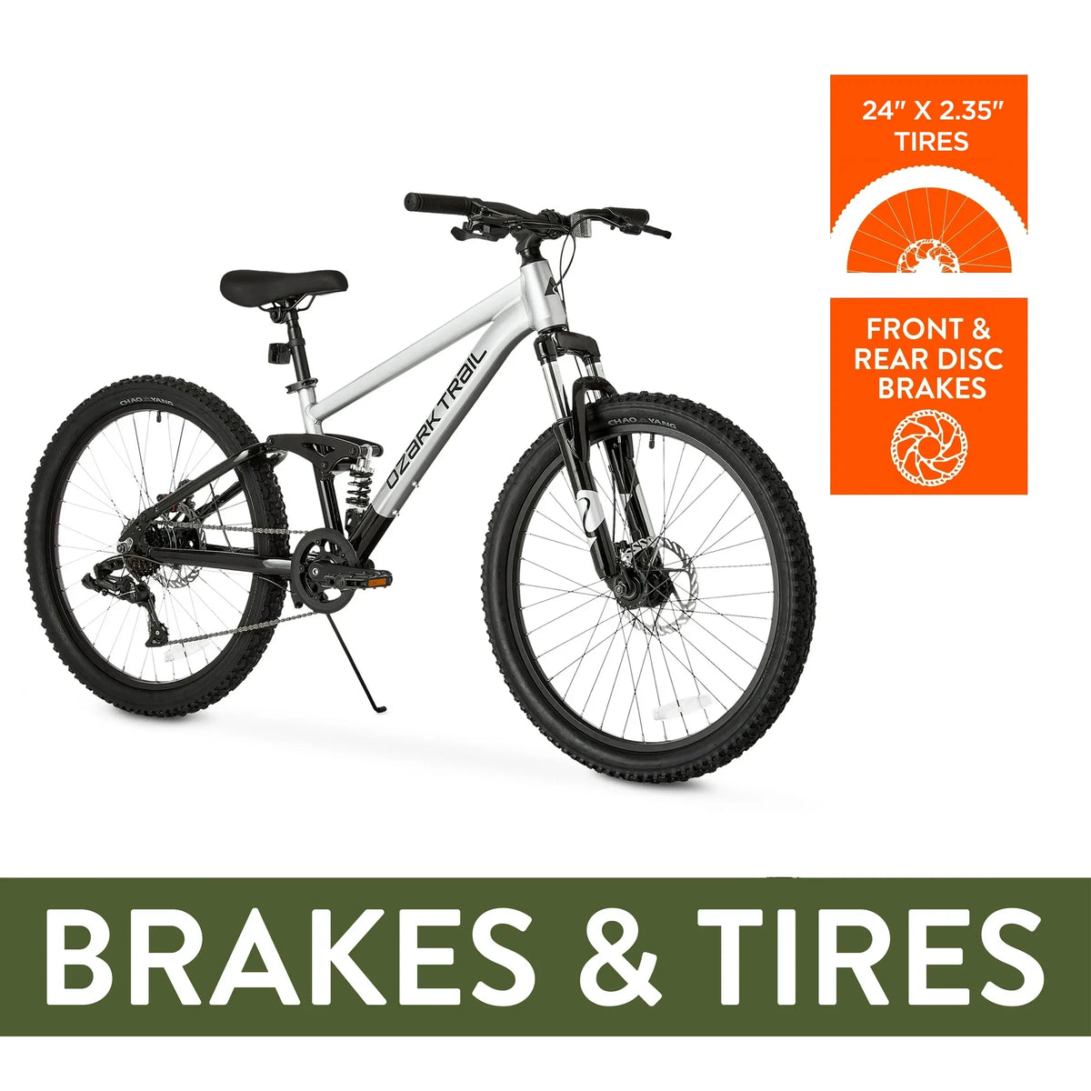 24" Ozark Trail FS.1 Epictrail Full Suspension Mountain Bike, for Teens and Adults, Heights Between 4'6" - 5'6", Silver
