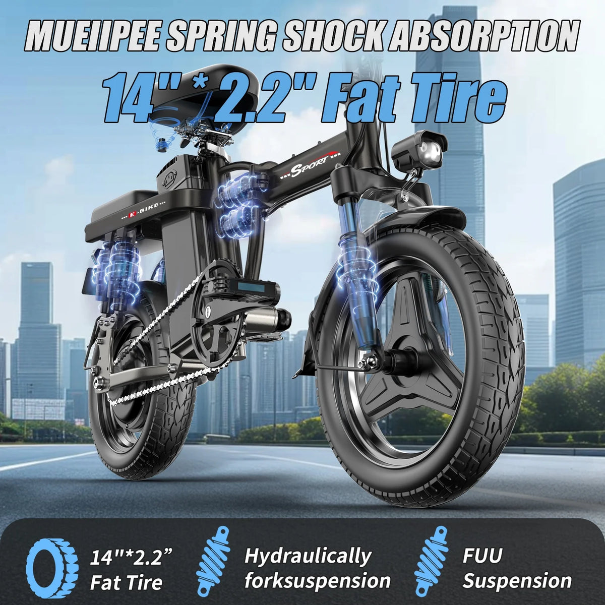 ASKGO 1200W Peak Motor, Folding Electric Bike for Adults Teens, 14'' Commuting Bike, Max 28MPH/35 Miles E - Bike, 3 Speed Double Mini Electric Bike, UL2849
