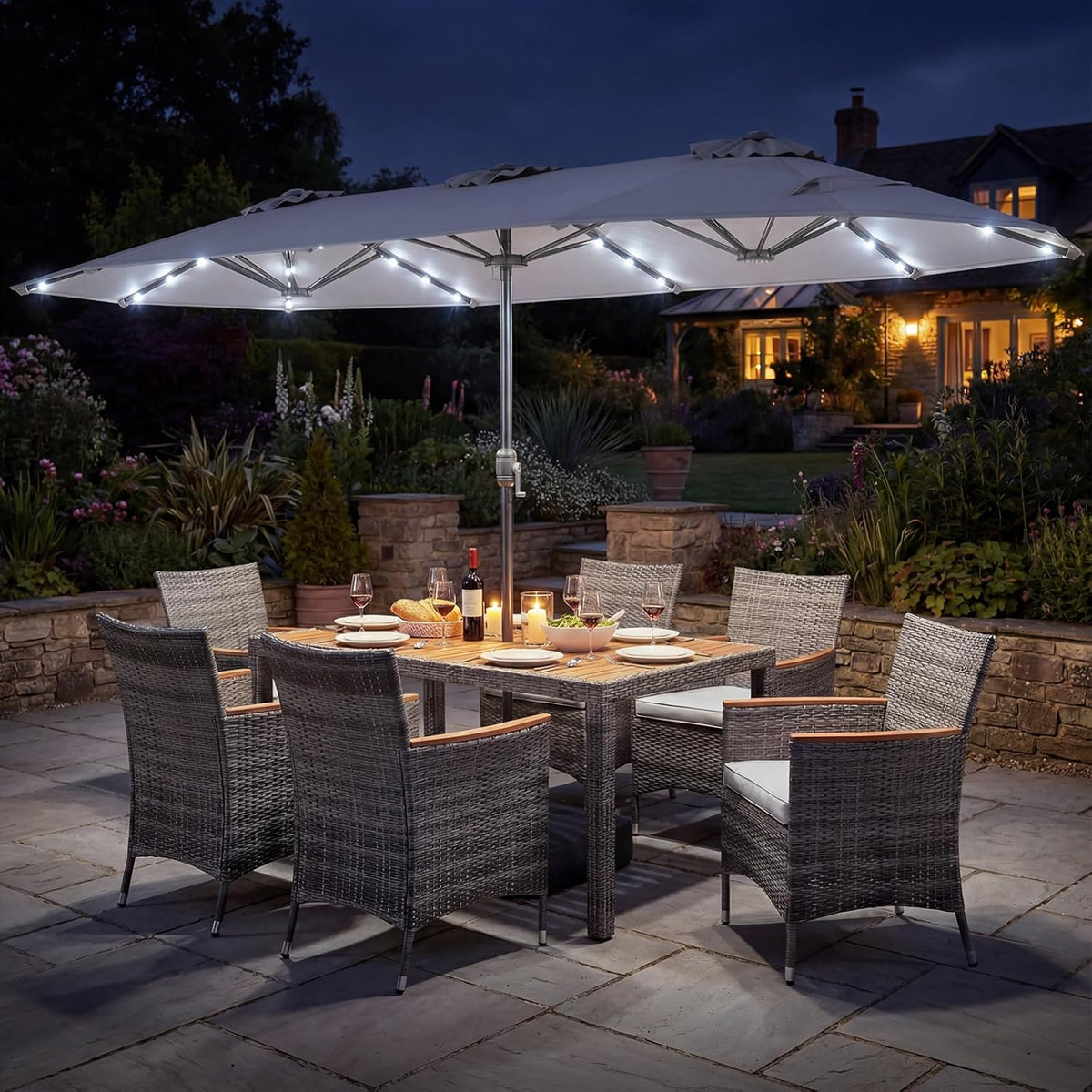 Tangkula 9 Pieces Rattan Outdoor Dining Set with 13Ft Solar Patio Umbrella