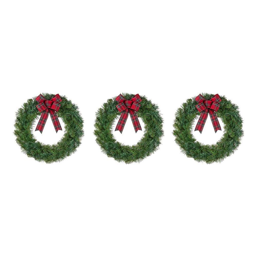 Home Accents Holiday 22 in. Green Artificial Noble Pine Wreaths with Plaid Bow (3-pack)
