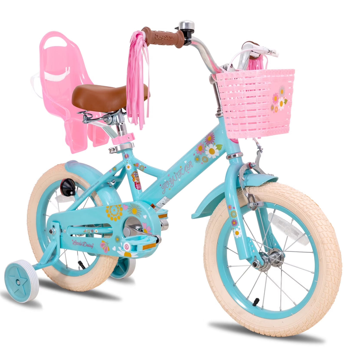 JOYSTAR Little Daisy 14 in Kids Bike for 3 4 5 Years Girls with Handbrake Children Princess Bicycle with Training Wheels Basket Streamer Toddler Cycle Bikes Blue