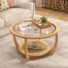 Round Wood Coffee Table with Glass Rattan Top, Wooden Circle Center Table with Curved Legs & Removeable Tempered Glasstop, Cocktail Table for Living Room, Light Brown 32.28" x 18.15"