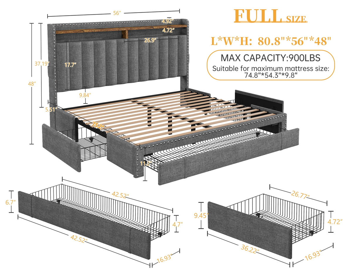 Enhomee Queen Bed Frame with 3 Storage Drawers Upholstered Queen Size Bed Frame with Headboard Noise Free Platform Bed with Metal Frame & Wood Slats Support Beige Bedroom Furniture for Adults Clothes