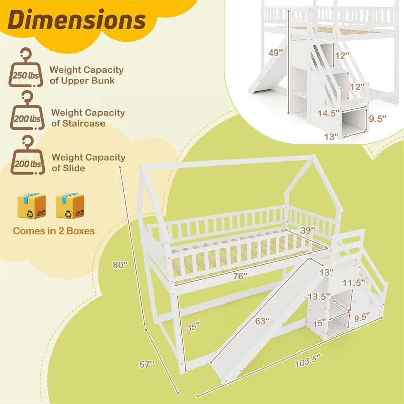 Twin Over Twin Bunk Bed House Design with Slide, Staircases & Storage Compartments, No Box Spring Needed, Wood Twin Floor Bed for Kids Teens